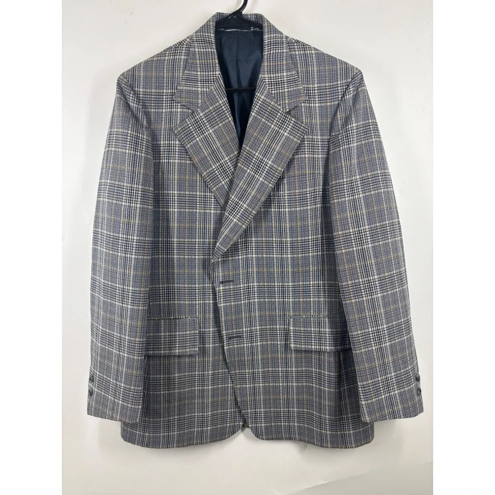 Vintage Campus Togs Glen Plaid Blazer Blue Grey Tan Men Sport Coat Scarsdale XXL